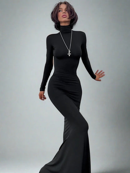 Black Turtleneck Long Sleeve Maxi Dress