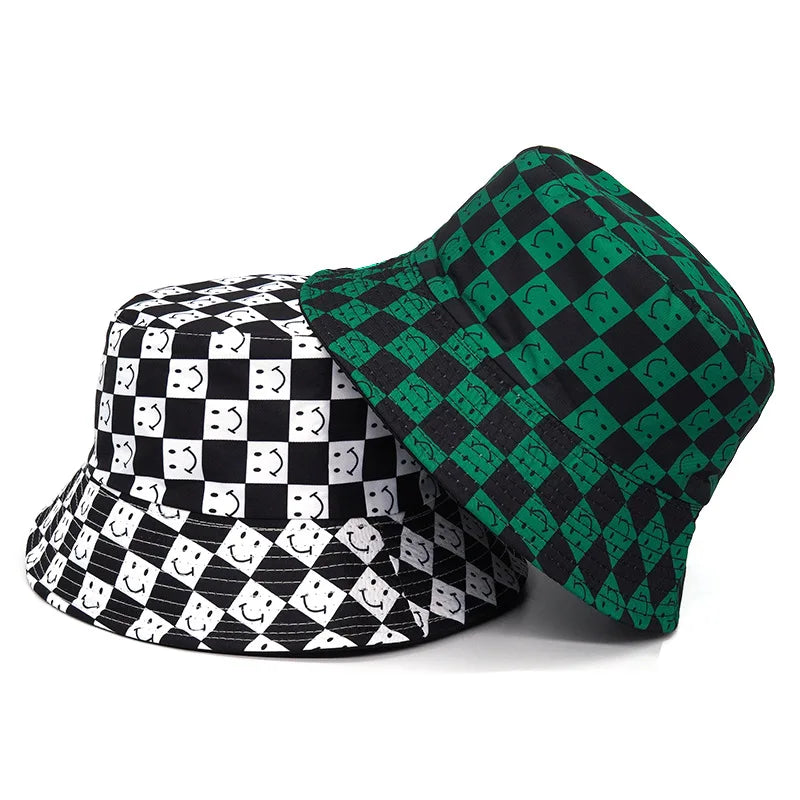 Solid Color Checkered Smiley Face Reversible Bucket Hat