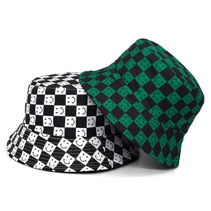 Solid Color Checkered Smiley Face Reversible Bucket Hat