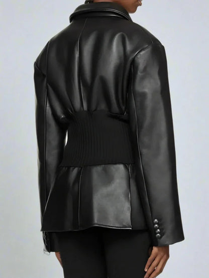 Black Leather Ruched Stomach Blazer