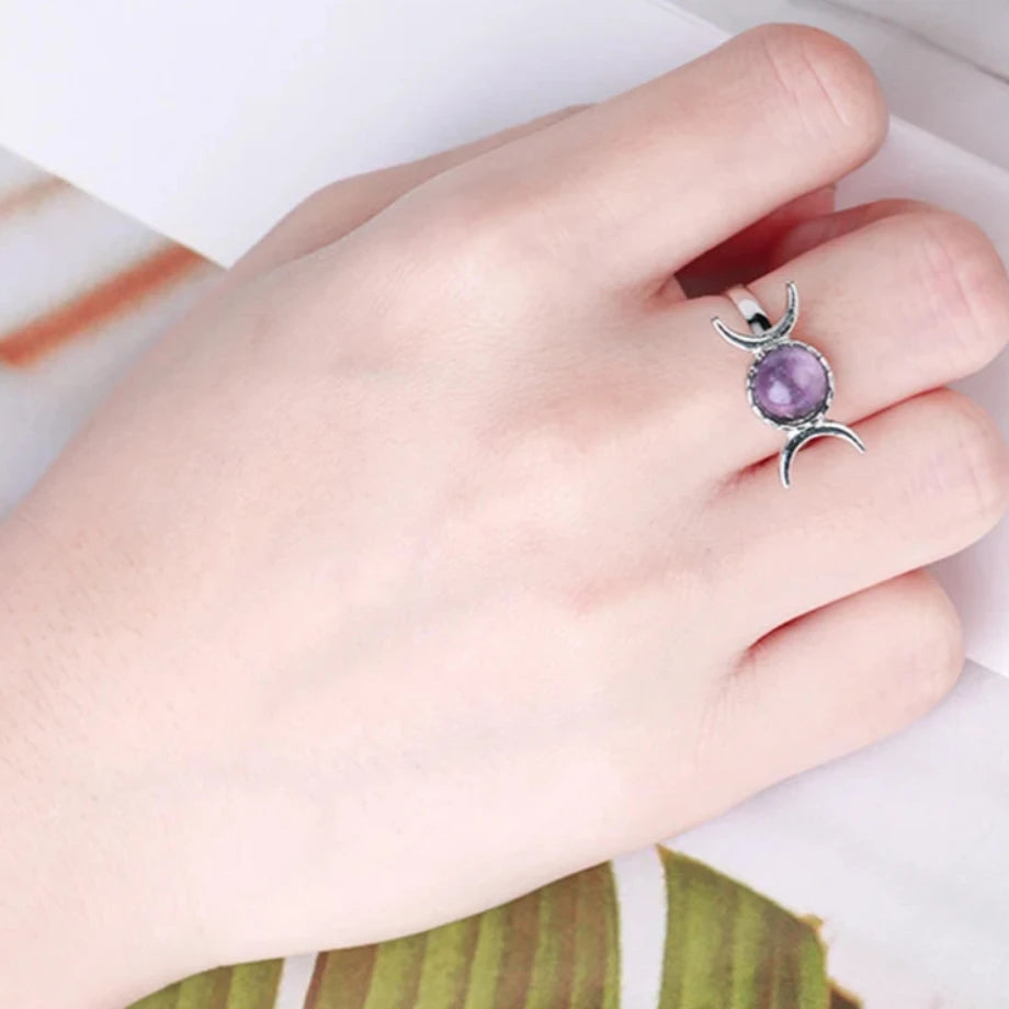 Silver Metal Double Moon Polished Round Crystal Ring