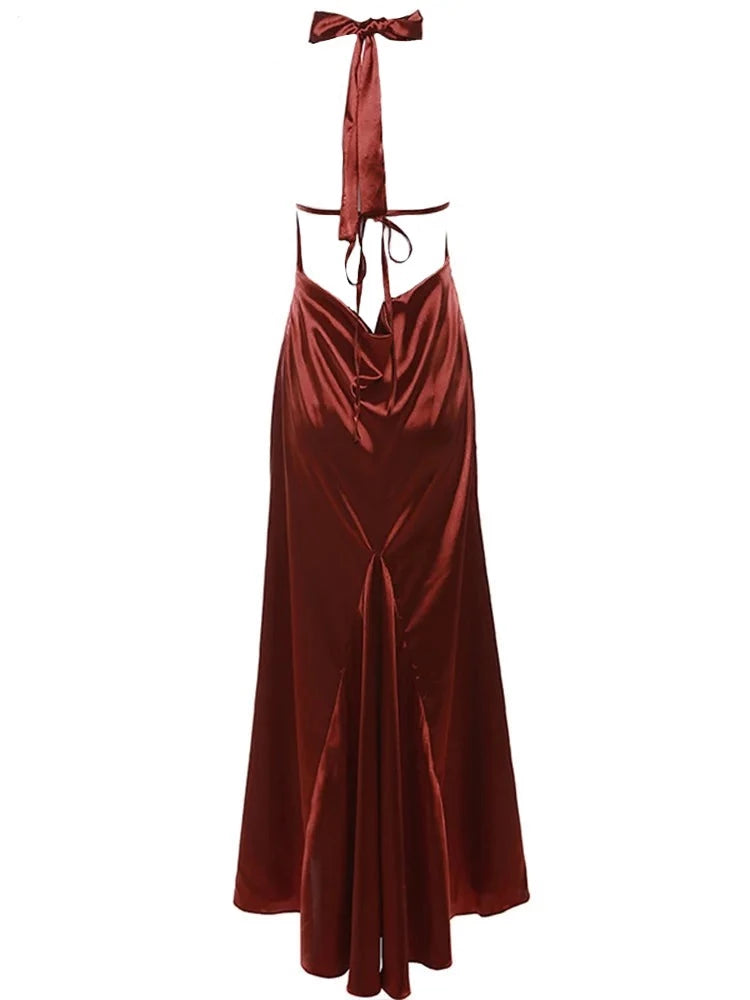 Red Silk Backless Halter Maxi Dress