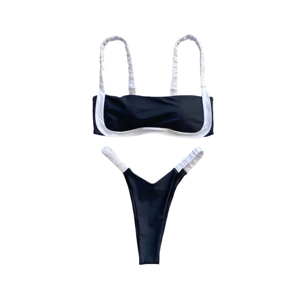 Black Ruched White Trim Bikini