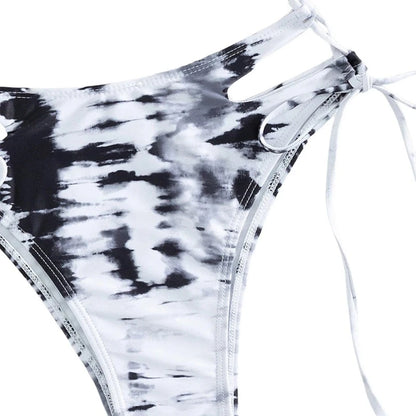 Black And White Tie-Dye Hollow Out One Shoulder High Waist Bikini