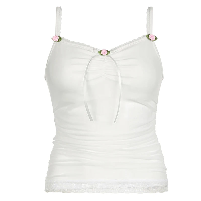 White Sheer Ruched Bow 3D Rose V-Cut Lace Trim Spaghetti Strap Top