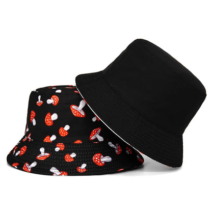 Neutral Mushroom Print Cotton Reversible Bucket Hat