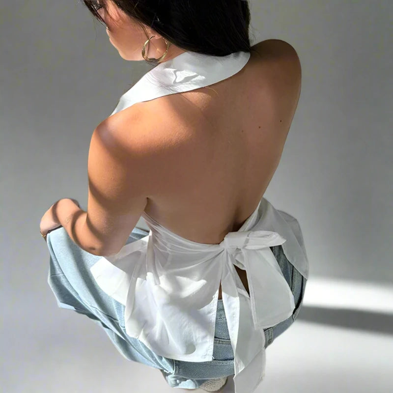 White Button Up Backless Back Tie Halter Top