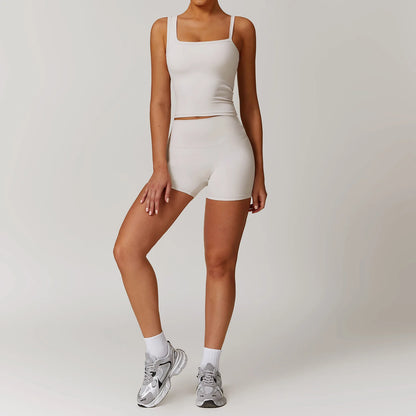 Solid Color Different Size Spaghetti Strap And High Waisted Ruched Booty Shorts Set