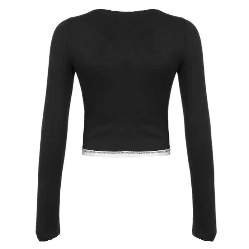 Black Bow V-Cut Lace Trim Long Sleeve