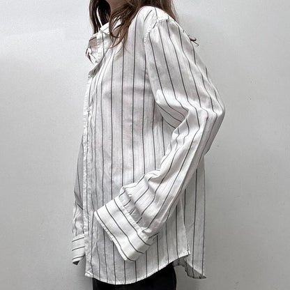 White And Black Stripe Ribbed Button Up Oversized Long Sleeve