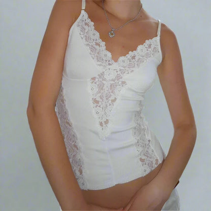 White Peek-A-Boo Lace V-Cut Spaghetti Strap Top