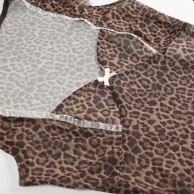 Brown Sheer Cheetah 3D Bow Lettuce Trim Short Sleeve