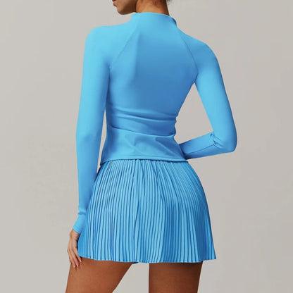 Solid Color Stretchy Collar Zip-Up Jacket And Pleated Mini Skirt Set