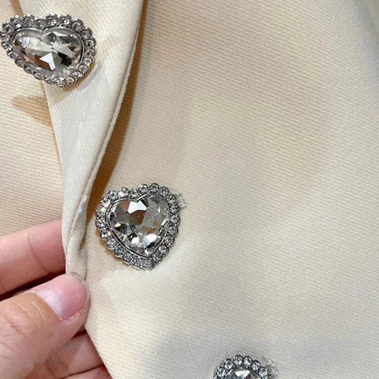 Beige Heart Rhinestone Button Blazer