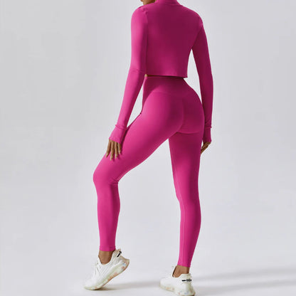 Solid Color Crop Jacket And Crop Top And High Waisted Legging Set