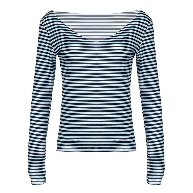 Solid Color Stripe V-Cut Long Sleeve