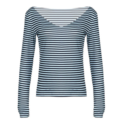 Solid Color Stripe V-Cut Long Sleeve