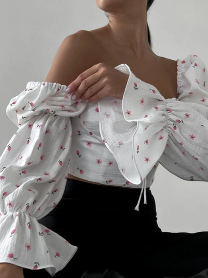 White Pink Floral Front Tie Puff Long Sleeve