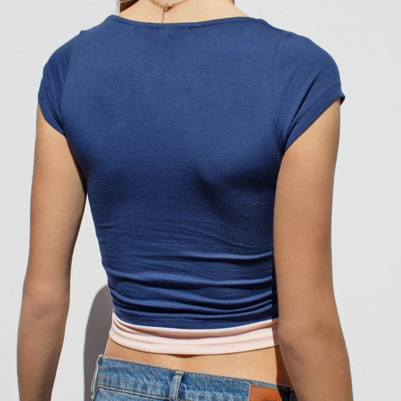 Two Toned Fake Under Shirt Crop Short Sleeve