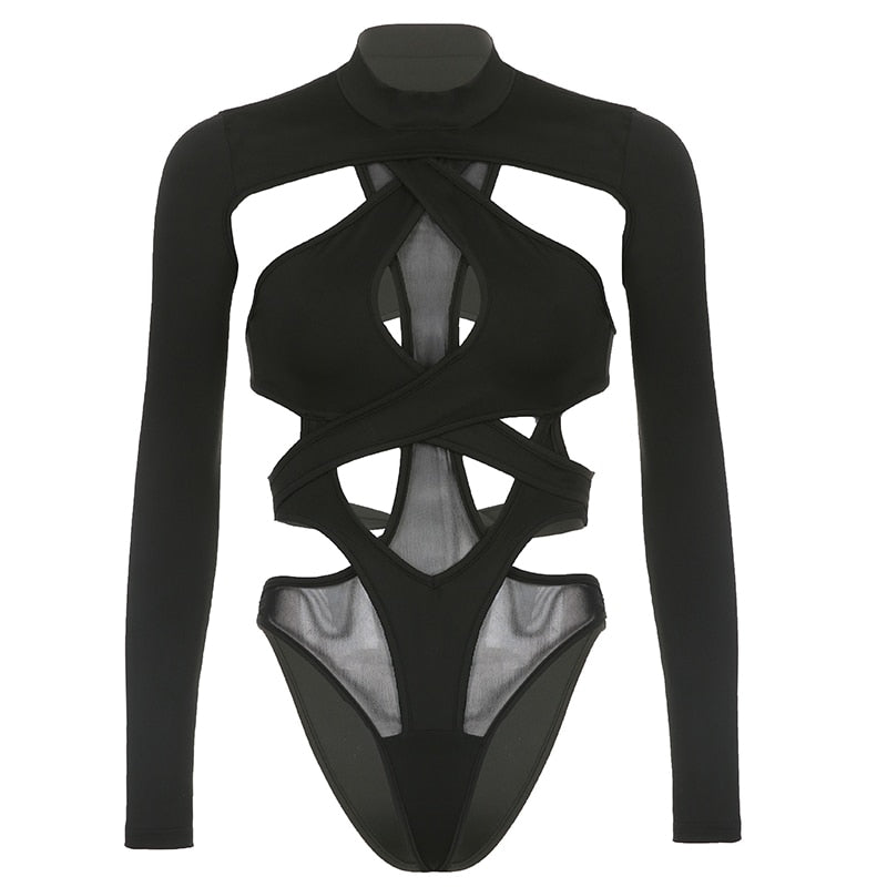 Solid Color Hollow Out Bandage Strap Backless Long Sleeve Bodysuit