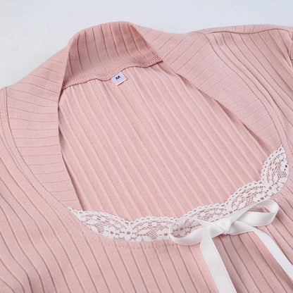 Pink Knit Ribbed Lace Trim Long sleeve