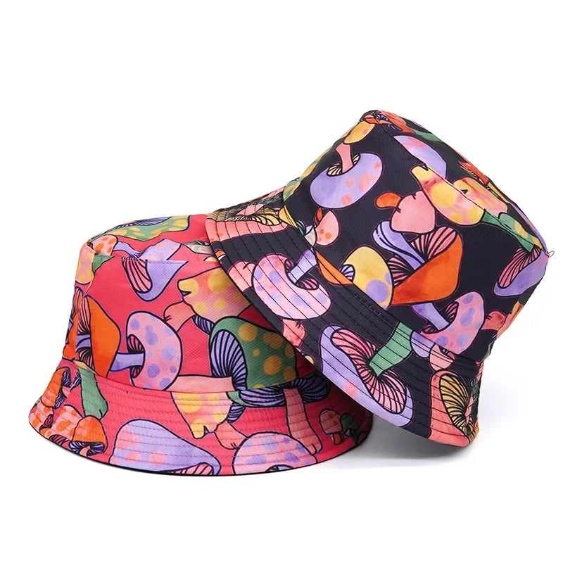 Multicolor Mushroom Print Cotton Reversible Bucket Hat