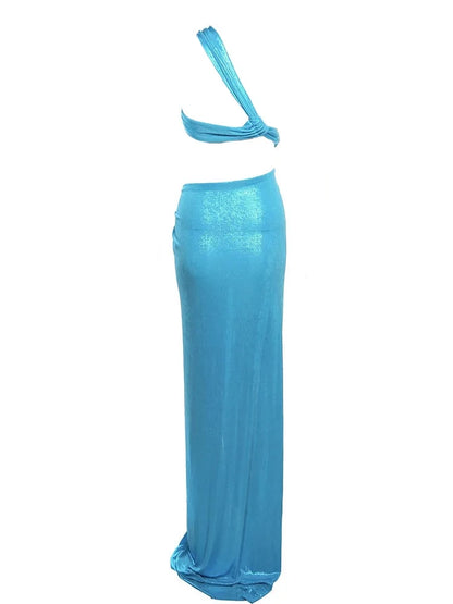 Solid Color Shimmery Hollow Out Knot Backless One Shoulder Maxi Dress
