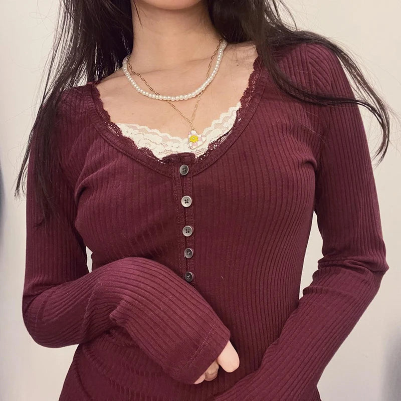 Brown Ribbed Lace Trim Quarter Button Up Long Sleeve