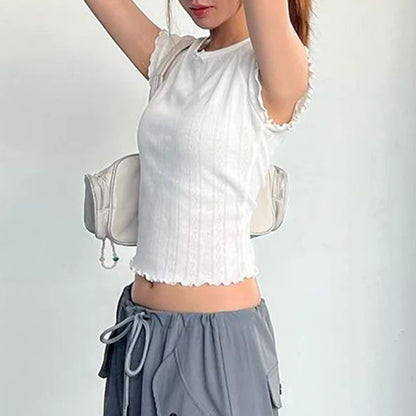 White Knit Ribbed Lettuce Trim Short Sleeve