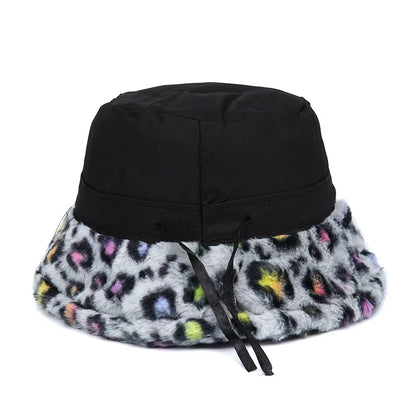 Solid Color Leopard Print Fur Bucket Hat