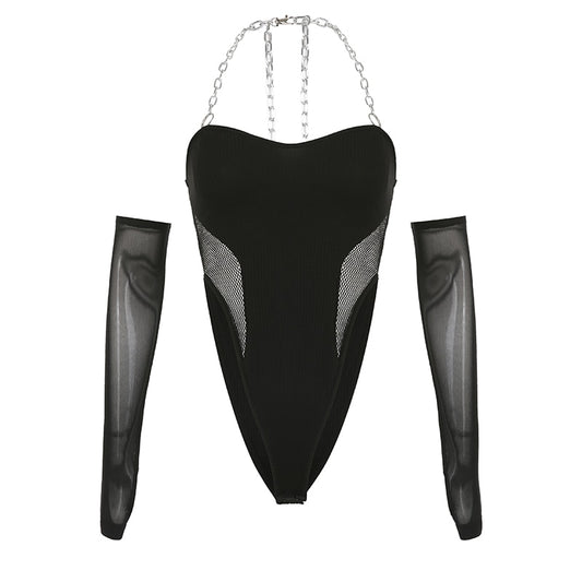 Black Gloves And Ribbed V-Cut Mesh Hollow Out Chain Halter Bodysuit
