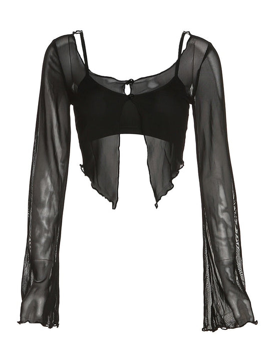 Black Spaghetti Strap Crop Top And Sheer Front Slit Long Sleeve
