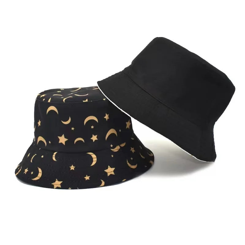 Neutral Moon And Stars Print Cotton Reversible Bucket Hat