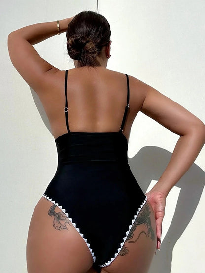 Black White Lining V-Cut Spaghetti Strap One Piece