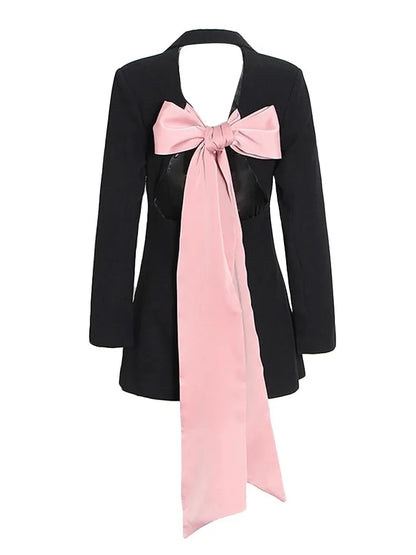 Black Backless Pink Criss-Cross Bow Blazer