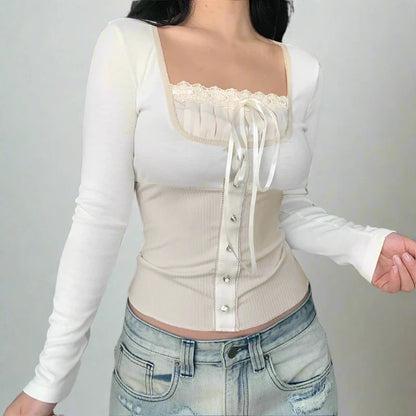 Beige Rhinestone Button Up Bottom Ribbed Fake Plated Lace Trim Under Shirt Long Sleeve