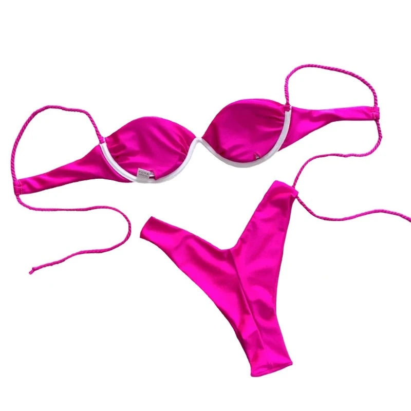 Solid Color Silk Ruched Push-Up Rope Strap Low Waist Bikini