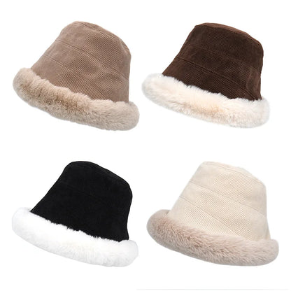 Neutral Two Toned Fleece Patchwork Fur Trim Bucket Hat