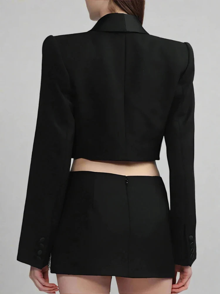 Black Pearl And Rhinestone Studded Bow Slit Crop Blazer