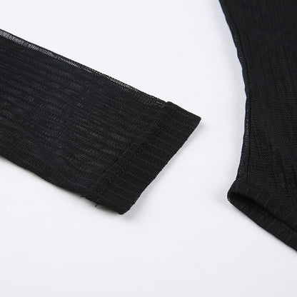 Black Sheer Striped Turtleneck Back Hollow Out Long Sleeve Bodysuit