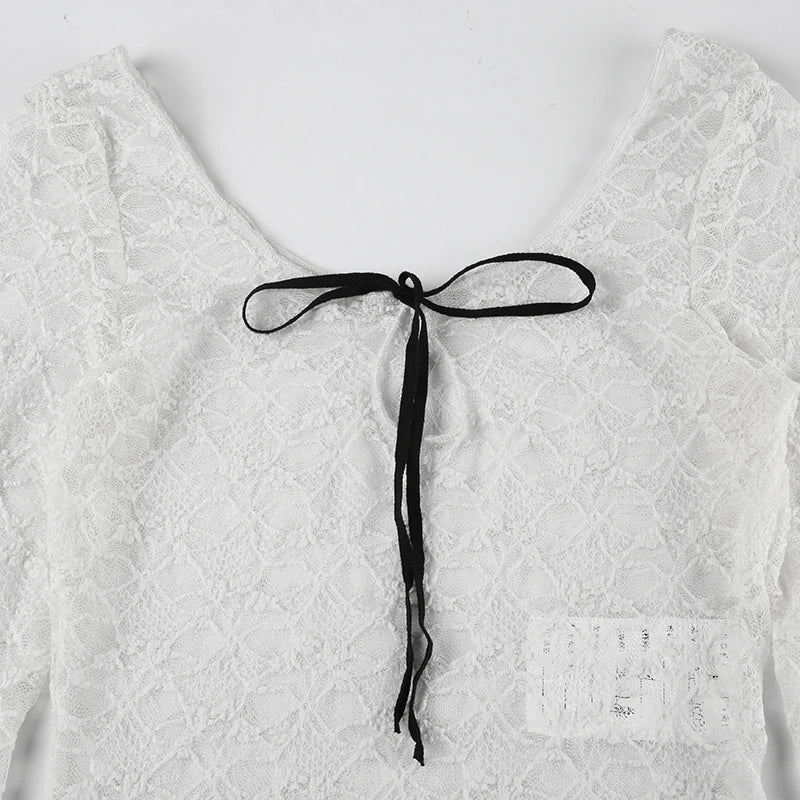 White Lace Black Bow Asymmetric Lettuce Trim Flare Long Sleeve