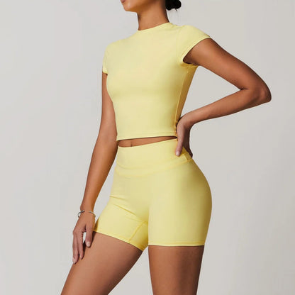 Solid Color Stretchy Short Sleeve And Patchwork High Waisted Shorts Set