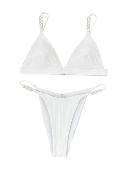 White Ribbed V-Cut Pearl Strap Bikini