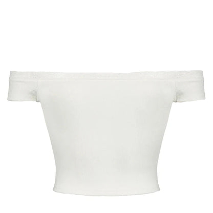 White Knit Ribbed Lace Trim Off Shoulder Short Sleeve