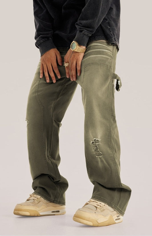 Solid Color Denim Washed Out Cargo Distressed Straight Jeans