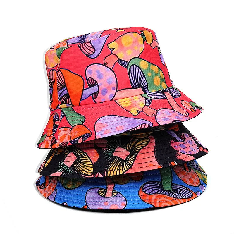 Multicolor Mushroom Print Cotton Reversible Bucket Hat