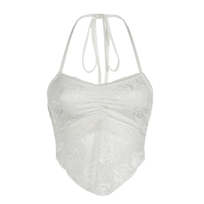 White Rose Lace V-Cut V-Style Crop Halter Top