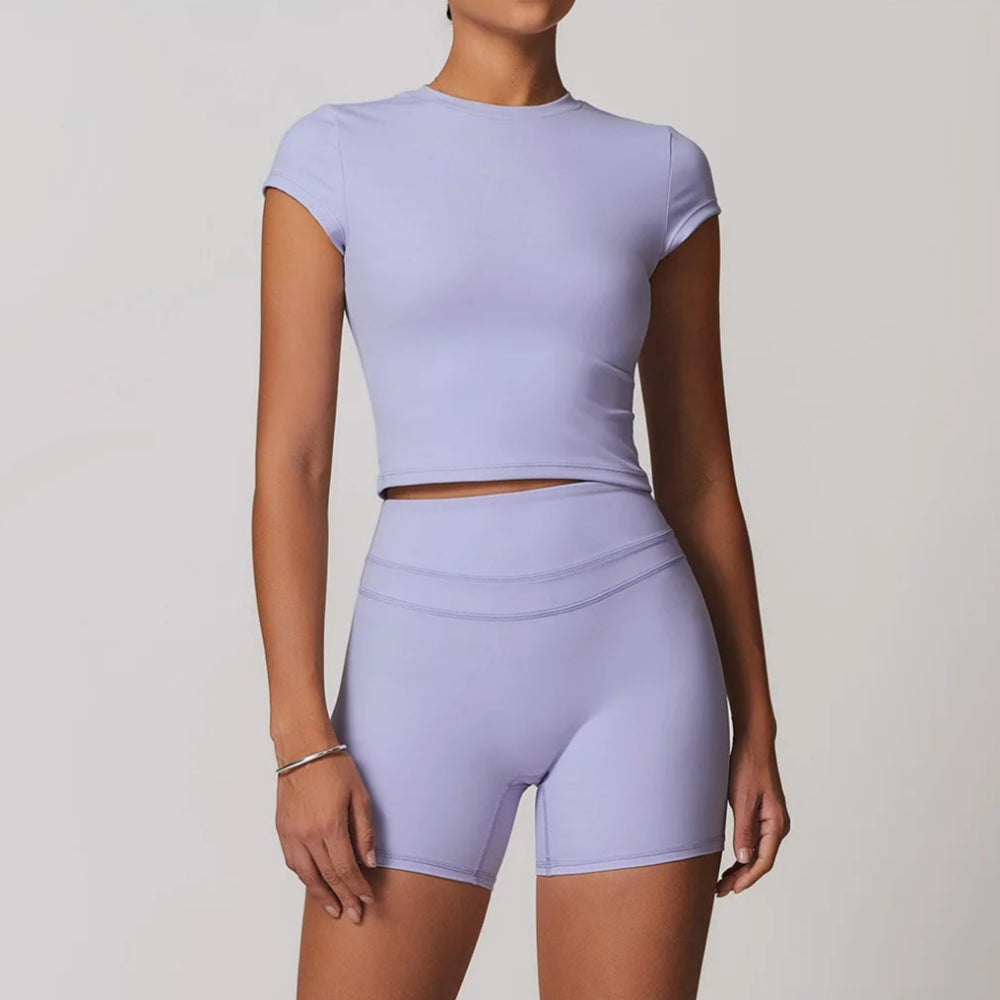 Solid Color Stretchy Short Sleeve And Patchwork High Waisted Shorts Set