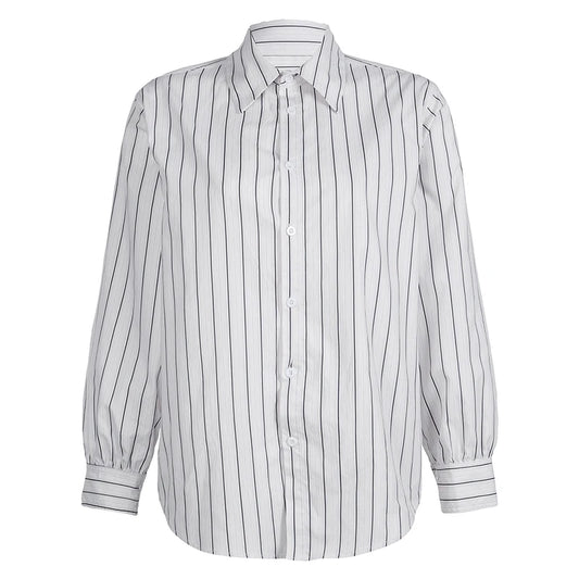 White And Black Stripe Ribbed Button Up Oversized Long Sleeve