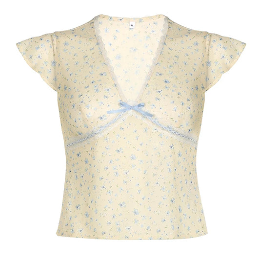 Yellow Sheer Blue Floral Print V-Cut Lace And Blue Ribbon Ruffle Short Sleeve